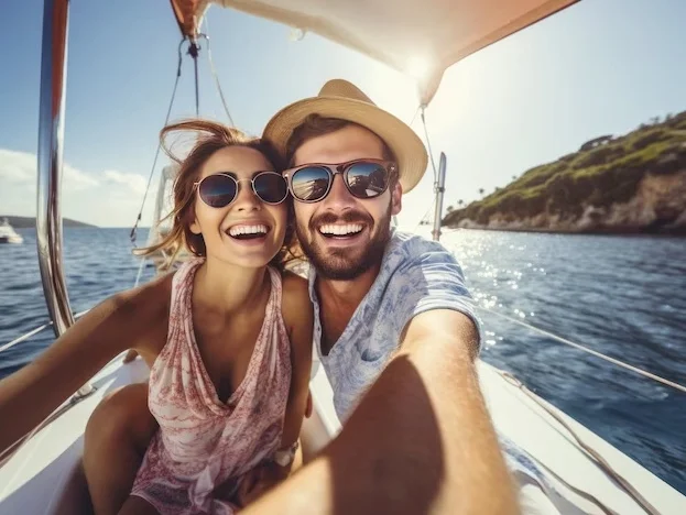 Koppel selfie tijdens boot excursie in tenerife